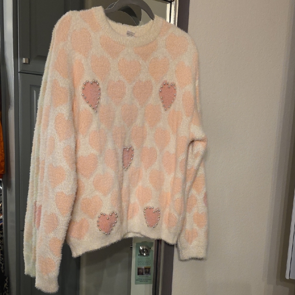 Paper Doll Heart Pattern Sweater - Cream and Pink